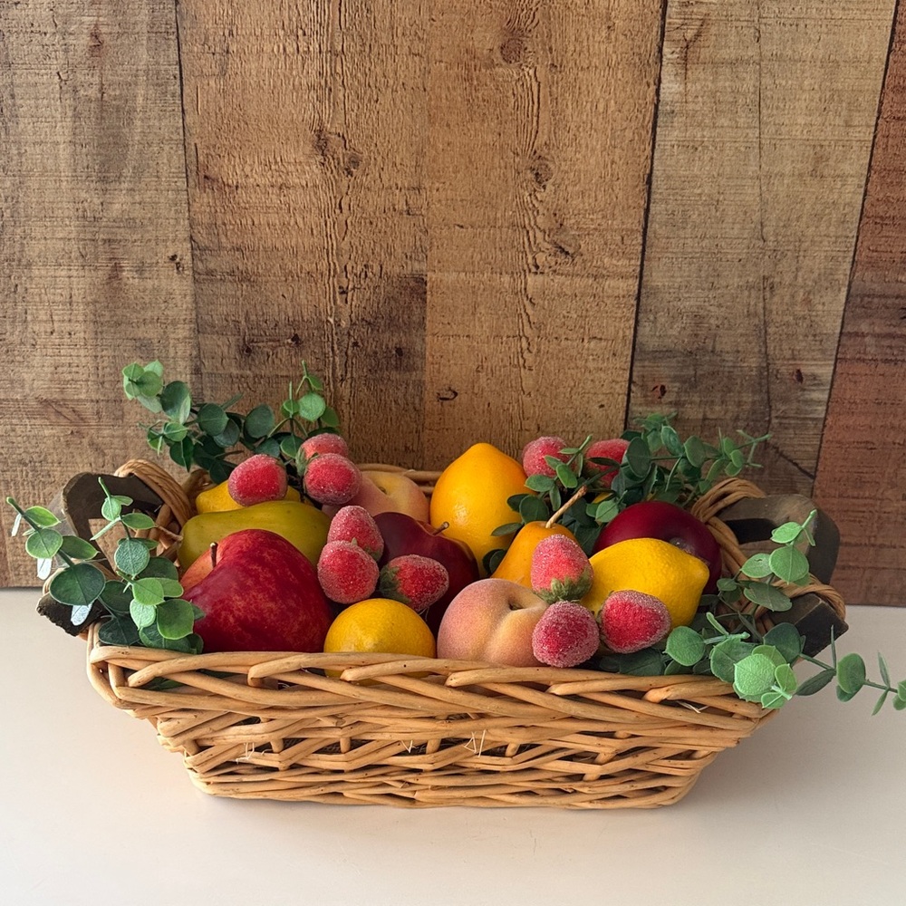 Decorative Wicker Fruit Basket with Wooden Handles with Faux Greenery - Natural